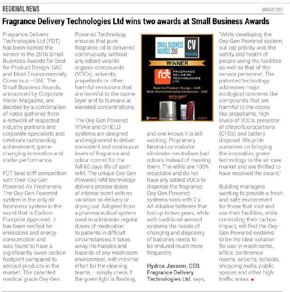 Fragrance Delivery Technologies Ltd wins two awards at Small Business Awards