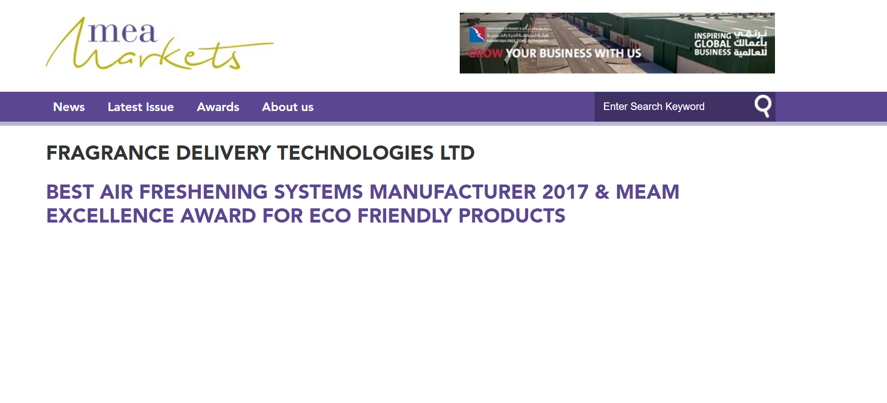 FRAGRANCE DELIVERY TECHNOLOGIES LTD BEST AIR FRESHENING SYSTEMS MANUFACTURER 2017 & MEAM EXCELLENCE AWARD FOR ECO FRIENDLY PRODUCTS